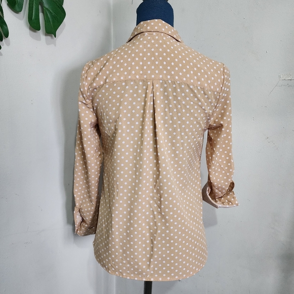 Notations Tan White Polka Dot Button Shirt Blouse - Picture 5 of 7